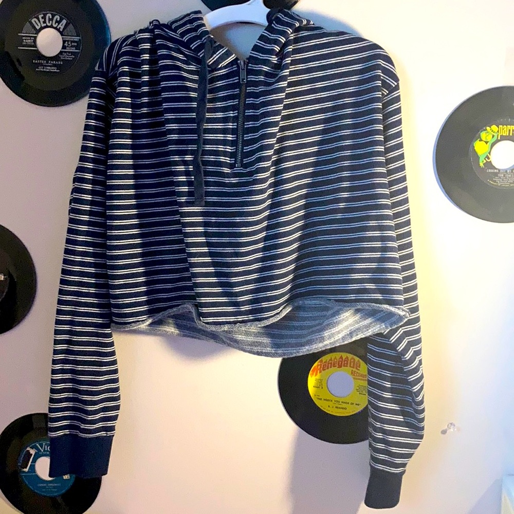 Blue, white stripe crop hoodie, gold zipper, hood.